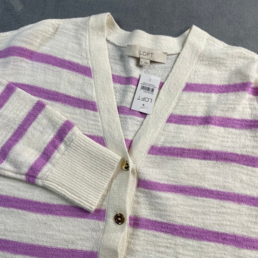NWT LOFT Women's Size Small Cream Purple Stripe‎ Button Front Knit Sweater